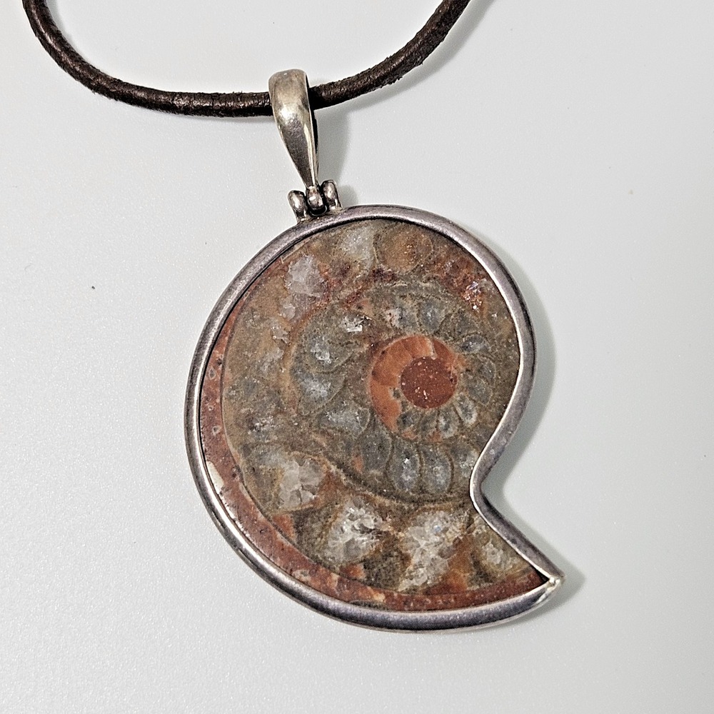Sterling Silver Ammonite Pendant Necklace Leather Cord Adjustable